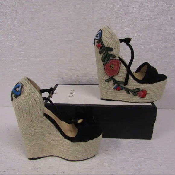 Gucci Floral Embroidered Jute Espadrille Wedge Sandals Black - Picture 5 of 7